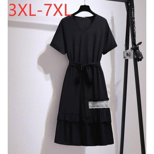 New 2021 Ladies Summer Plus Size Midi Dress For Women Large Short Sleeve Elegant Black Ruffle Belt V-neck Dress 4XL 5XL 6XL 7XL
