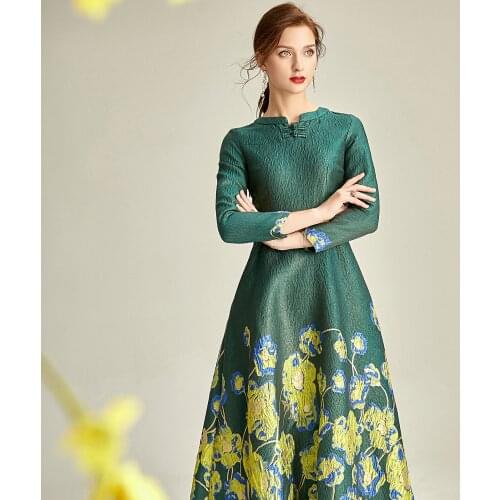 2021 Spring Autumn Jacquard Dress Brocade Green Dress Women Long Sleeve Party Evening Clothing Mid-Calf Ball Gown