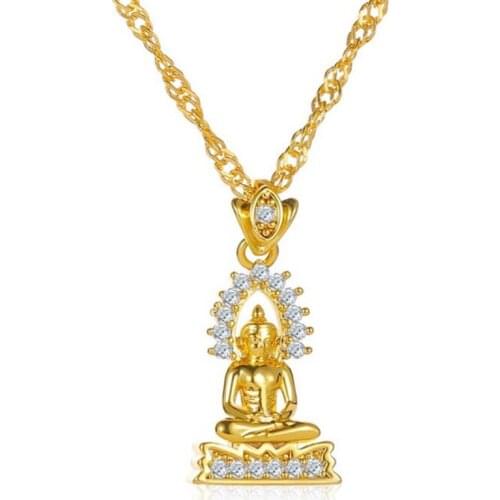 Gold Color Tibetan Buddha Pendant Necklace Thai Buddha Buddhist Amulet Long Chain Necklace Nepal Nirvana Meditating Jewelry
