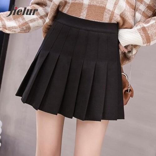 Jielur Basic A-line Pleated Skirt Solid Color Gray Black Girls Women Sexy Skirts High-waisted Mini Skirt 2021 Autumn Winter S-XL