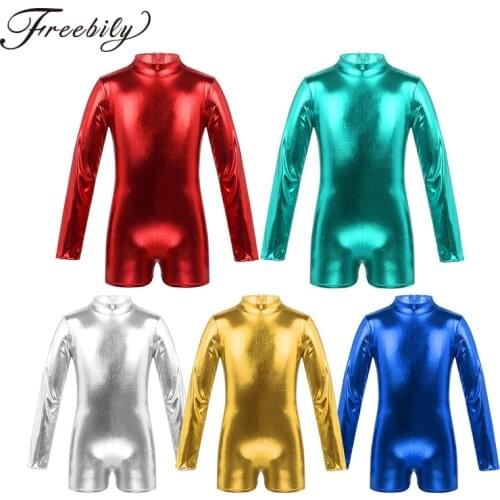 Kids Girls Long Sleeves Mock Neck Shiny Metallic Back Zipper Dance Gymnastics Leotard Jumpsuit Unitard Child Stage Dance Costume