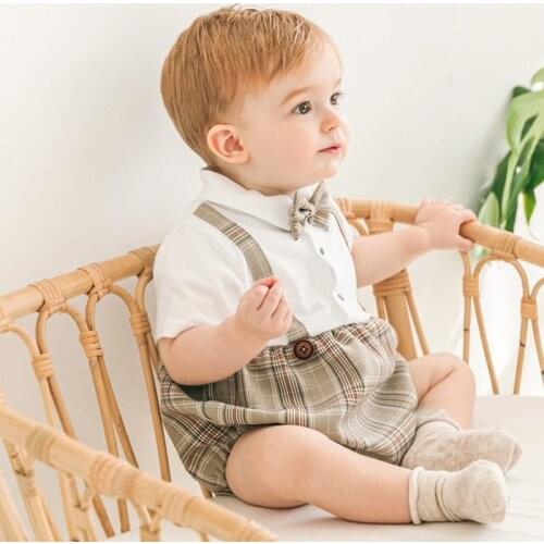 Newborn Baby Boy Romper Summer Genteman Plaid Baby Clothes 1St Birthday Party for Boys Overalls Toddler Jumpsuit Baptism Onesie