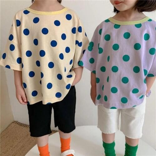 Summer Korean style boys girls dot short sleeve loose t shirts unisex kids soft cotton casual Tee