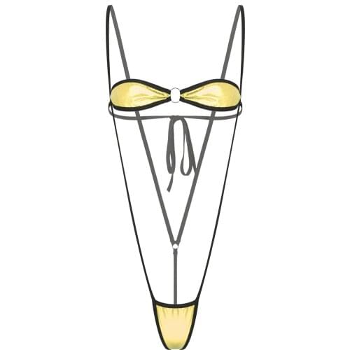 Micro Bikini Women Sexy Thong Lingerie Set Summer Beachwear Lace-up Bra with G-string Metallic Patent Leather Swimsuit Swimwear