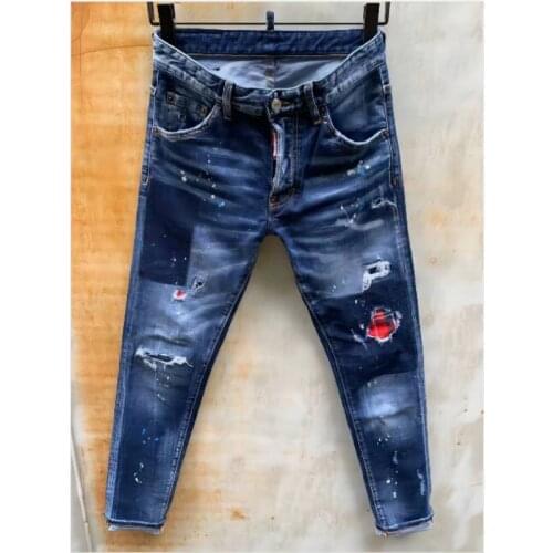 Hole Patch Mid-waist Button Jeans Mens Micro-stretch Washable Slim Trendy Tants 9113