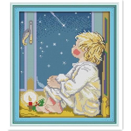 Joy Sunday Little boy looking at the sky window handmade DIY cross stitch embroidery kit Beautiful dream decoration