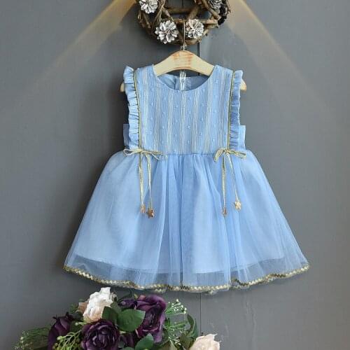 New Summer Dress For Baby Girl Solid Stripe Star Pendant Vest Dress Sleeveless Princess Mesh Dress 3 4 5 6 7 Years Kids Clothing