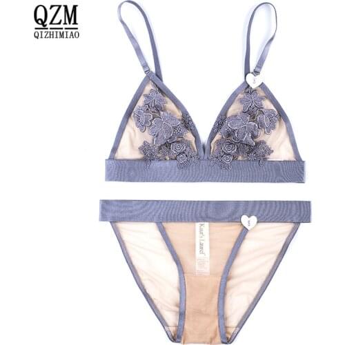 QIZHIMIAO Women sexy bra set full lace underwear elastic young ladies lingerie transparent sleep female ultrathin bras panties