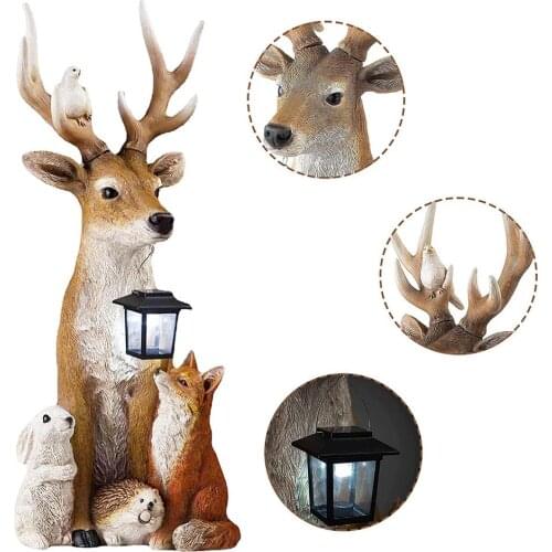 Solar Garden Statue Resin Deer And Friends Sculpture Animal Figures For Outdoor Decoration Hand Drawn Details Are Very Beautiful
