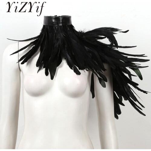 Punk Gothic Black Feather Cape Shawl One Shoulder Shrug Shawl Wings Choker Collar Party Halloween Performance Show Decoration