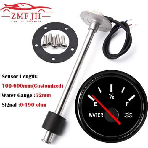 Universal 52mm Water Level Gaueg 0-190ohm Water Level Sensors With 100-600mm Water Sender Unit Auto Gauge for Car Boat 9-32V