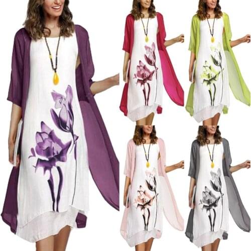 2Pcs/Set Vintage Flower Ink Painting Sleeveless Dress Sundress Loose Sleeveless Midi Dress + Cardigan 2 Piece Set Women Clothes