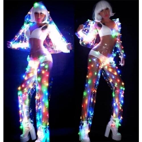 Female Multi-color LED lights Performance Clothes Music Festival Singer Dancer Team DJ Disco Costume Sexy LED Perspective Suit