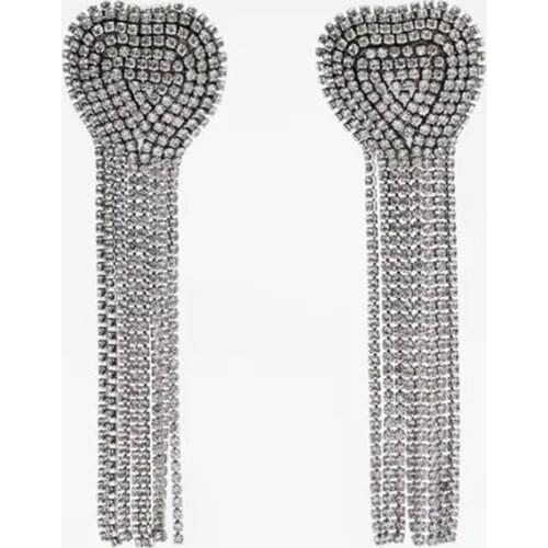 ZA Earrings Luxury Style Female Heart Shape Rhinestone Big Drop Earring For Women Trendy Silver Color Long Tassel Dangle Earring