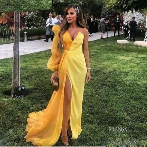 Abendkleider Yellow Dubai Formal Party Dress Women Long Sleeve Evening Gowns Elegant Slit Chiffon Muslim Evening Dresses 2020