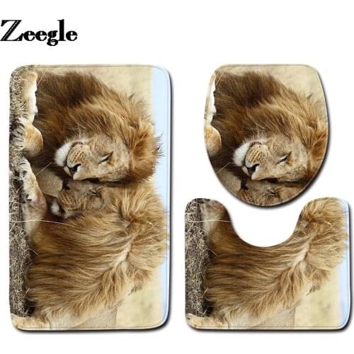 3D Lion Print Bath Mat Bathroom Carpet Rug Home Decoration Carpet Set Toilet Seat Cushion Mat and Anti-slip Foot Rug Set