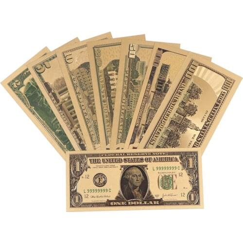 8pcs 24K Gold Plated Dollars Commemorative Notes Fake Money Gold Antique Collection 1 2 5 10 20 50 100 Dollar