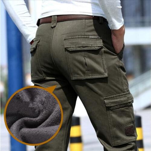 Fleece Warm Winter Cargo Pants Men Casual Loose Multi-pocket Mens Military Army Green Black Khaki Pants Man Trousers