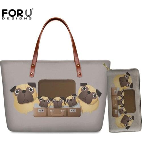 FORUDESIGNS Cute Puppy Pug Dog Print Women Tote Bag Large Capacity Female Top-handle Bags Casual Ladies Handbag with Purse
