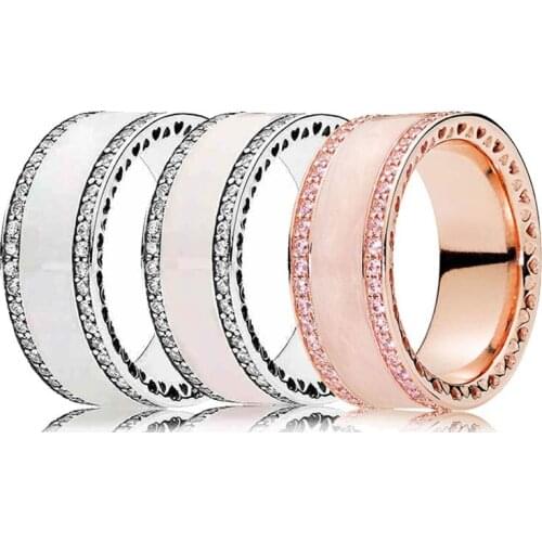 New 925 Sterling Silver Ring Rose Pink Silver Enamel Pink&Clear Hearts Of Band Ring With Crystal For Women Gift Jewelry