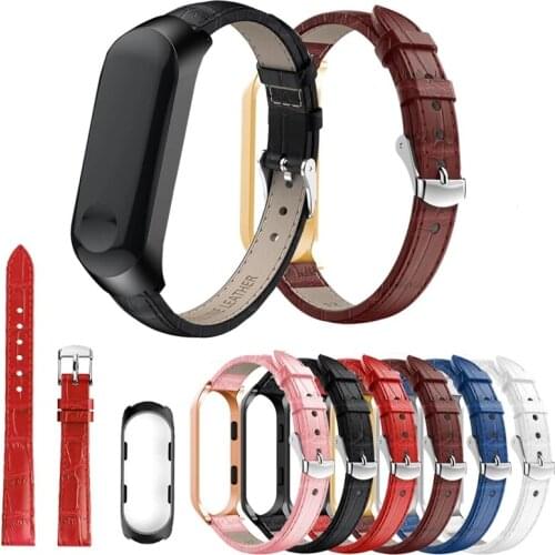 Leather Bracelet Strap for Xiaomi Mi Band 4 with Metal Stainless Steel Protective Case Replacement for Xiaomi Mi Band 3 Wrist