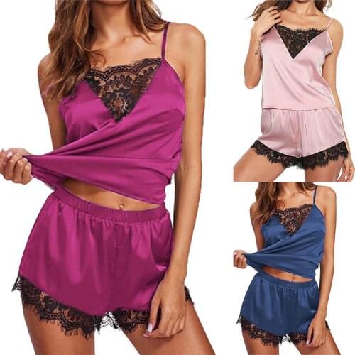 HOT SALES！！！New Arrival 2Pcs Women Sexy See Through Lace Hem Camisole Short Pants Pyjamas Sleepwear Set Wholesale Dropshipping