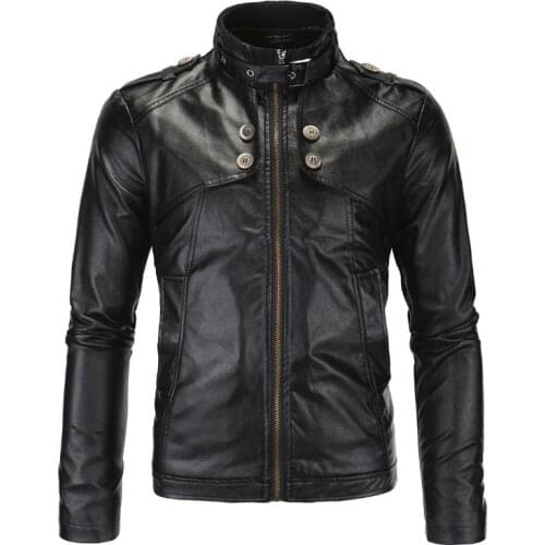 Mens Locomotive Leather Jackets British Style Leather Jacket Men Fashion Button Decoration Motorcycle Leather Jacket Male Coat