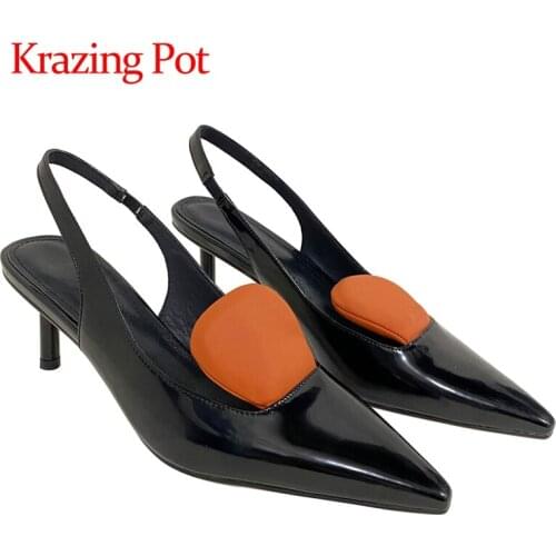 Krazing pot summer genuine leather pointed toe high heels mixed colors mature young lady dress slip on mules sandals women L34