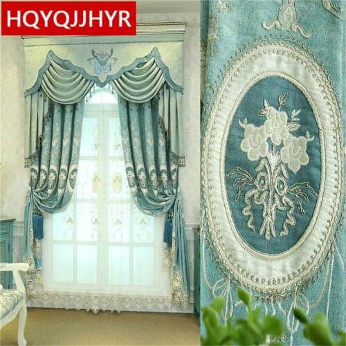 Custom-made luxury European and American style blue embroidery blackout curtains for living room classic curtains for bedroom