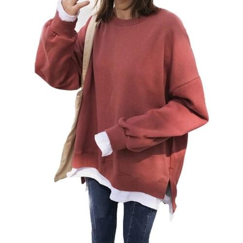 2020 Autumn And Winter Loose Plus Velvet Thick Ladies Pullover Fake Two-piece Stitching Solid Color Round Neck Women Sweatshirt