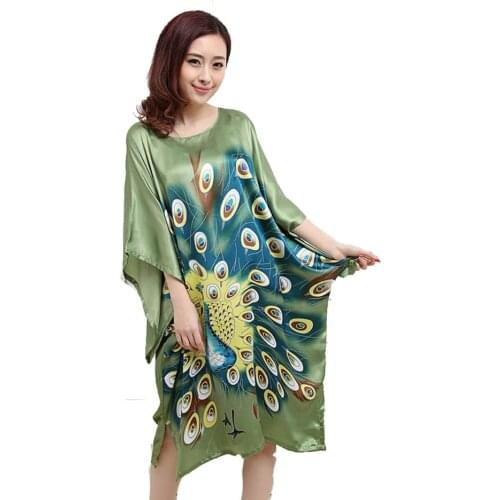 Wholesale Chinese Women Faux Silk Robe Dress Vintage Printed Kimono Kaftan Bath Night Gown Sleepwear Floral 030803