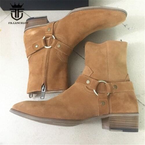Real Picture Handmade Classical Wyatt Homme Harness buckle ring High Top Brown Chelsea Men Boots wedge Cow Leather Suede Boots