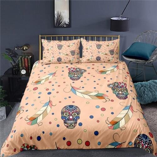 Luxury 3D Color Skull Feather Print 2/3Pcs Kids Bedding Set Comfortable Duvet Cover Pillowcase Home Textile Queen and King Size