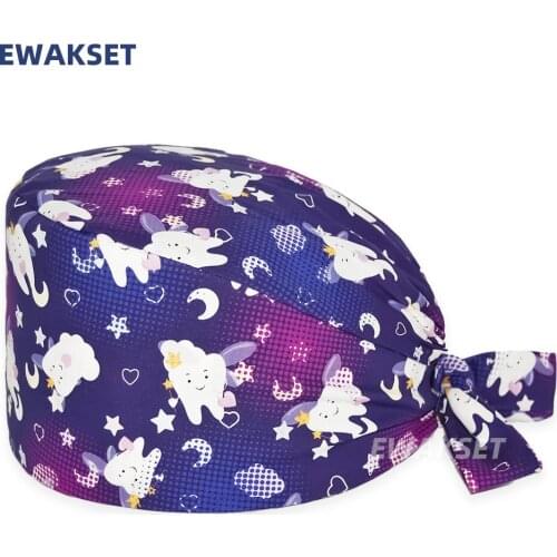 Women Scrub Cap Tooth Printed Pure Cotton Men Working Nursing Hats Vet Pet Dentist Surgeon Beauty Salon Accessories Scrubs Caps