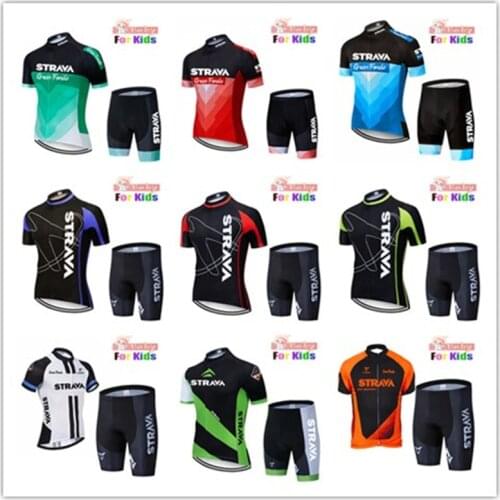 STRAVA Breathable NEW Kids Cycling Jersey Set Shorts Fluorescent Pink Children Bike Clothing Boys Girls Summer Bicycle Wear