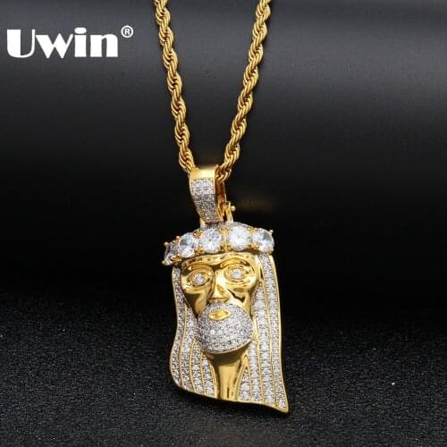 Uwin Gold Color Religious Jesus Full Iced Out Cubic Zirconia Necklace Pendant Hiphop Jewelry For Men Women With Rope Chain