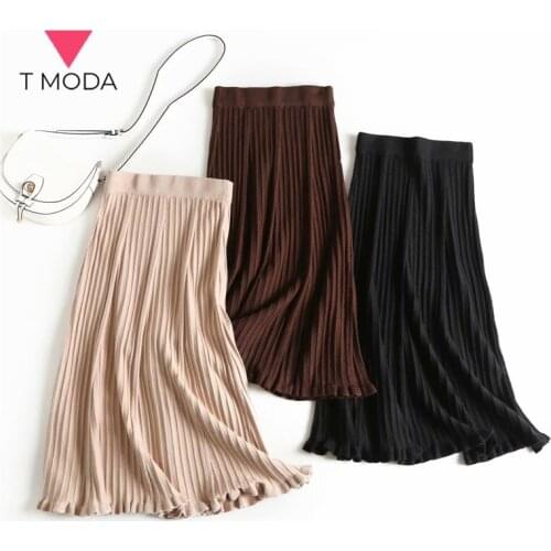 T MODA 2021 Winter Fall Elegant Women Elastic Waist Knitted Pleated Skirt Office Ladies Waist High Knee Length Chic Skirt Female