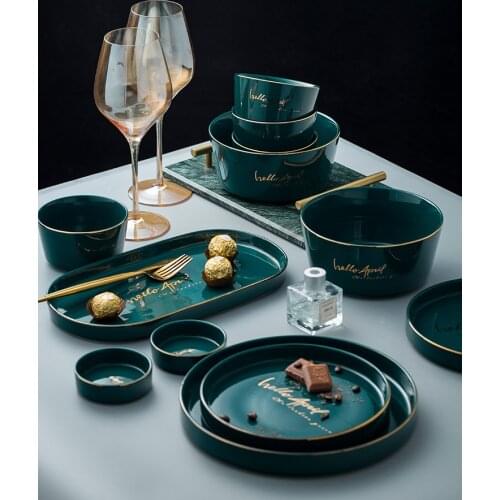 Green Ceramic Western Food Steak Pasta Fish Plate Square Salad Soup Rice Bowl Spoon Dish Knife Fork Porcelain Home Tableware Set