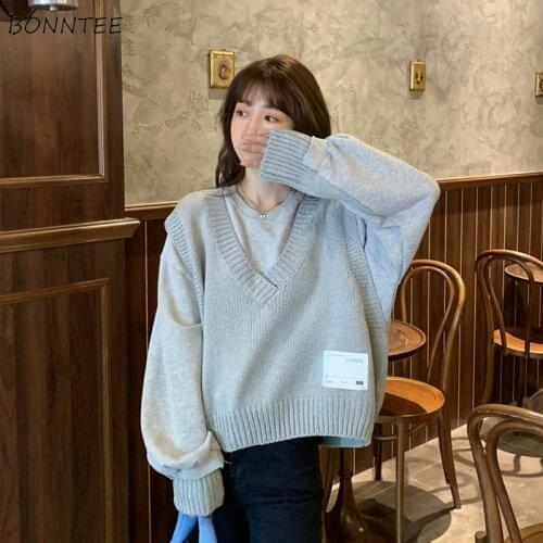 Sets Women 2 Piece O-Neck Long Sleeve Solid Sweatshirts V-Neck Knitting Sweater Vest Casual Stylish Daily All-match Ulzzang Chic