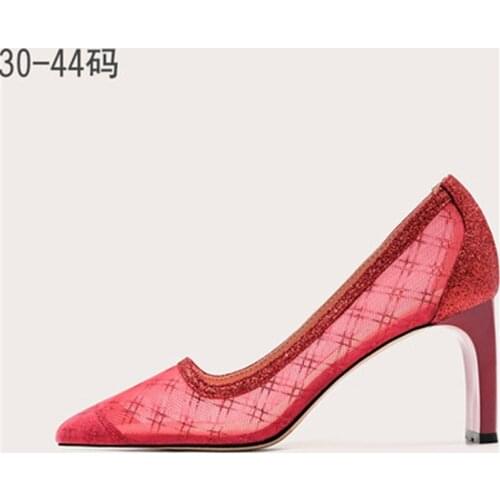 Small size thick heel high heels women 2021 summer large size square toe shallow mouth mesh shoes banquet dress wedding shoes