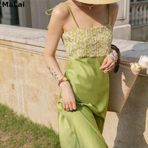 Elegant Sexy Strap Floral Dress 2021 Women Patchwork Backless Satin Vintage Party Midi Dresses French Green Summer Light Dresses