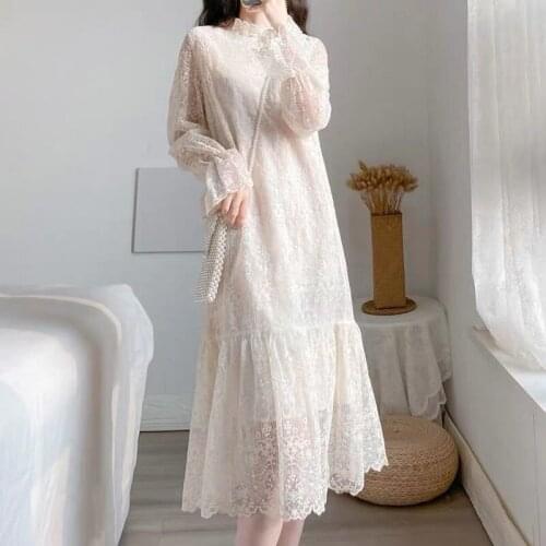 Korean Lace Long Dress Women 2021 Chic Spring Autumn One Piece Vintage Long Sleeve Ruffle Collar Fairy Dress Plus Size New