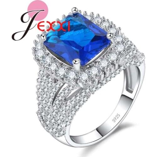 Gorgeous Halo Square Design Blue & White Cubic Zirconia Finger Rings Sterling Silver 925 Jewelry for Women Christamas