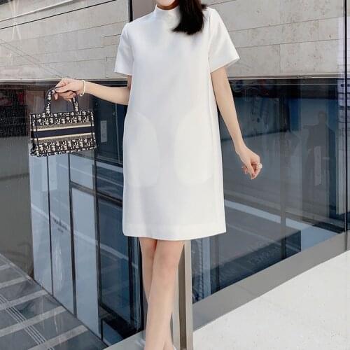 Europe and the United States 2021 spring and summer new solid color dress womens stand collar loose straight tube short sleeve