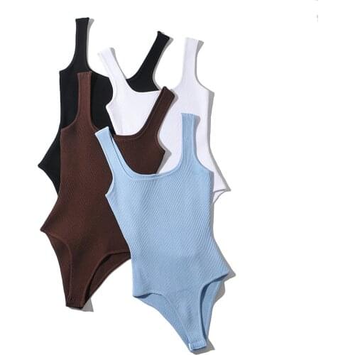 New One Piece Women Knitted Solid U Neck Sleeveless Black White Blue Brown Bodysuit Bodycon Jumpsuit