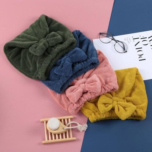 1Pcs Bowknot Coral Fleece Strong Absorbent Dry Hair Cap Women Turbans with Bowknot Pure Color Soft Hair Cap Bathroom Supplies