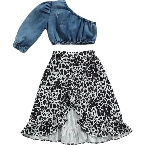 New Kid Baby Girl Clothing Sets Baby Girls Clothes Denim One Shoulder Shirt Top+Leopard Skirt 2pcs Outfits Sets 2-7T