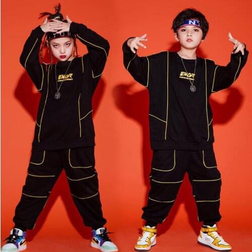 Kids Cool Black Jazz Dance Wear Costumes Clothes Boys Girls Ballroom Hip Hop dancing Outfits Hoodie Tops Street dance pants