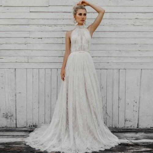 Eightree Lace Beach Wedding Dresses Halter Neck Sleeveless Boho Bride Dress Open Back Bohomian Wedding Gowns Vestido De Noiva