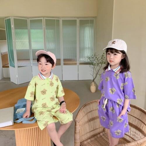 Summer New Toddler Kids Clothing Sets Childrens Cartoon Clothes Suit Lapel Cute Bear Print T Shirts Shorts 2pcs for Boys Girls